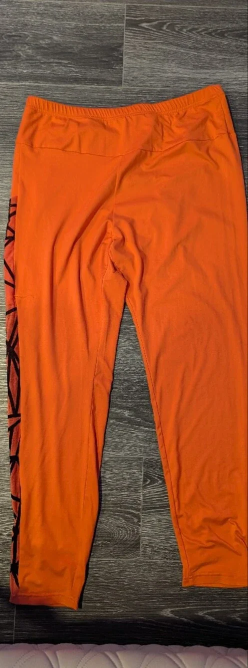 Neon Orange High-Waist Leggings with Printed Side Stripe